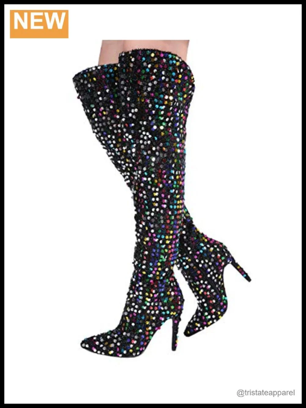 Women Sequined Pointed Toe Over Knee Stiletto Heel Boots Thigh High Zip